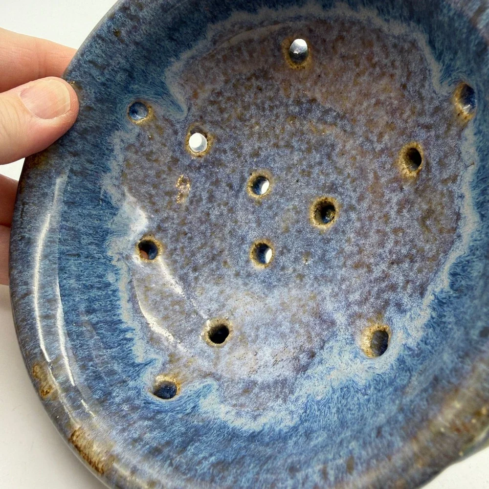 Studio Pottery Blue Stoneware Berry Bowl Colander Jane Berr 2004 Signed